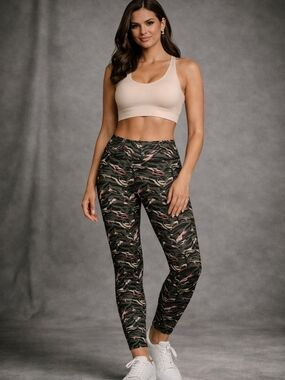 No Boundaries Olive Camo Leggings with Pink Accents